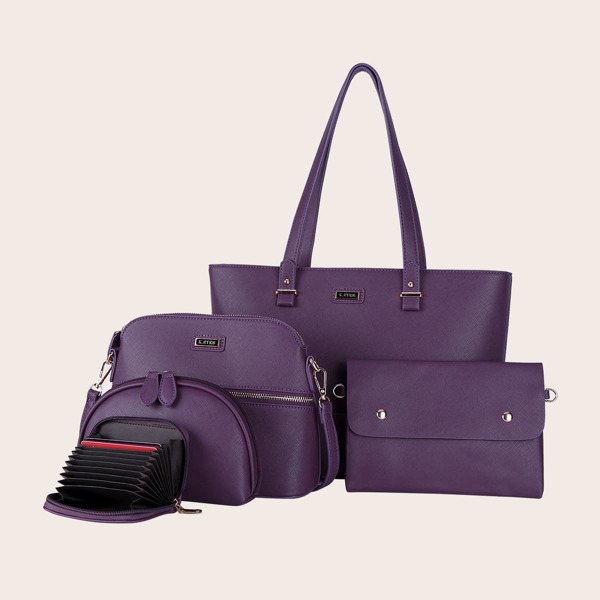 

5pcs Metal Letter Decor Tote Bag Set, Purple