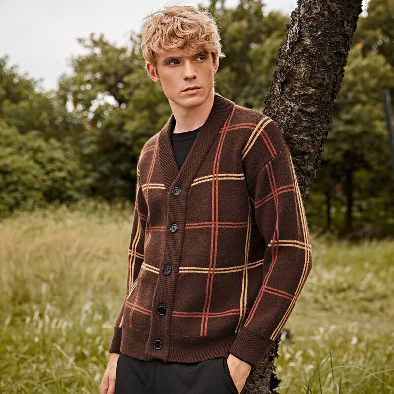 

Guys Button Front Plaid Cardigan, Coffee brown