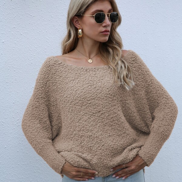 

Boat Neck Batwing Sleeve Oversized Sweater, Khaki