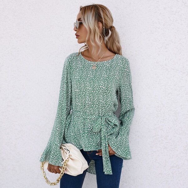 

Allover Print High Low Belted Blouse, Mint green