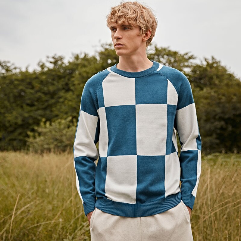 

Guys Checker Pattern Raglan Sleeve Sweater, Blue and white