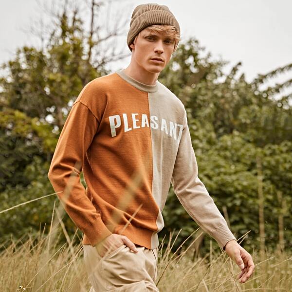 

Men Letter Pattern Spliced Sweater, Multicolor