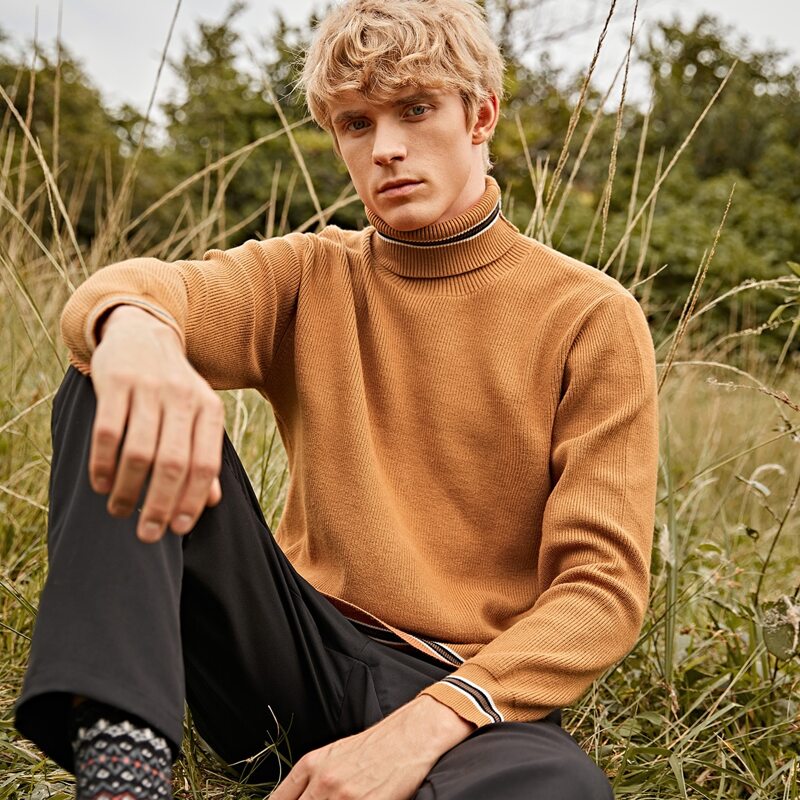 

Guys High Neck Striped Sweater, Brown