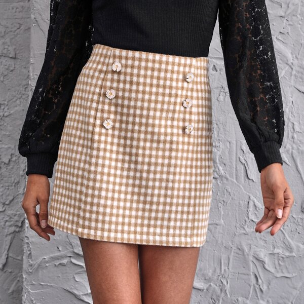 

Double Button Gingham Skirt, Khaki