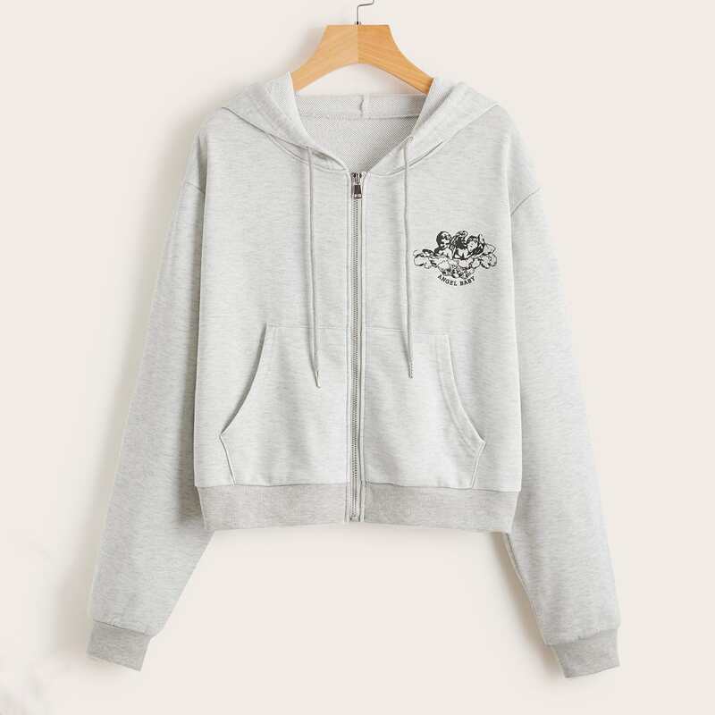 

Angel Print Zip Up Drawstring Hoodie, Light grey