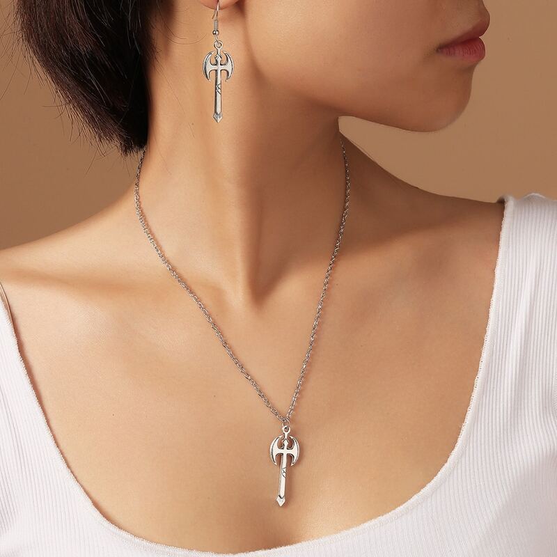 

3pcs Ax Pendant Necklace & Earrings, Silver