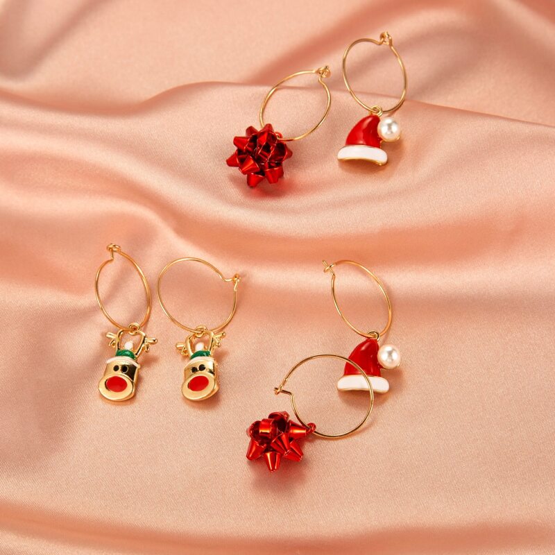 

3pairs Christmas Decor Hoop Earrings, Multicolor