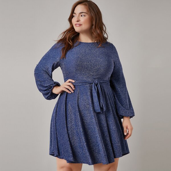 

Plus Self Belted Glitter Dress, Navy blue