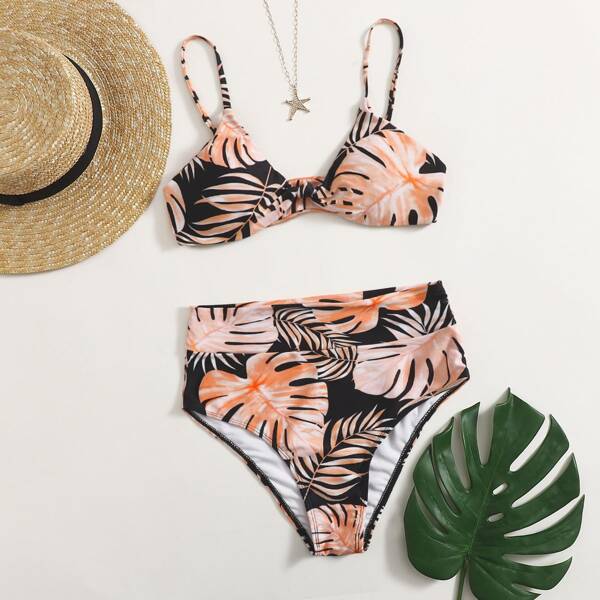 

Tropical Knot Detail Bikini Swimsuit, Multicolor