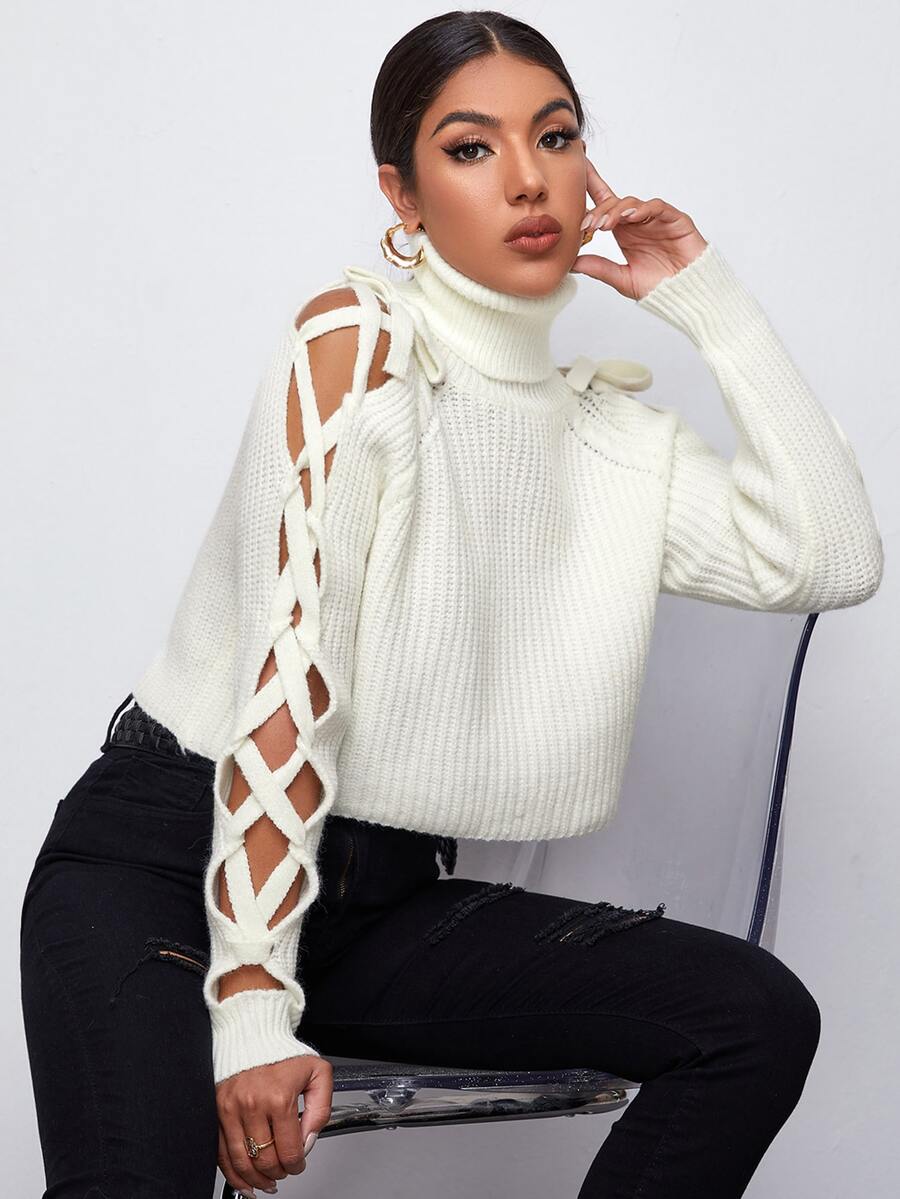 SHEIN سترة بأكمام باربطة متقاطعة وبياقة ملفوفة