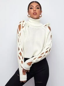 SHEIN سترة بأكمام باربطة متقاطعة وبياقة ملفوفة