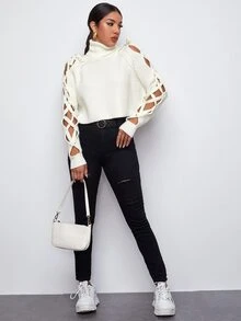 SHEIN سترة بأكمام باربطة متقاطعة وبياقة ملفوفة