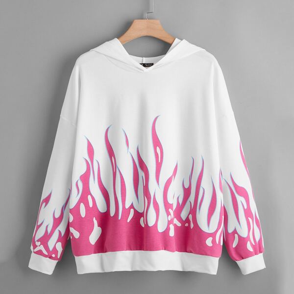 

Plus Drop Shoulder Fire Print Hoodie, White