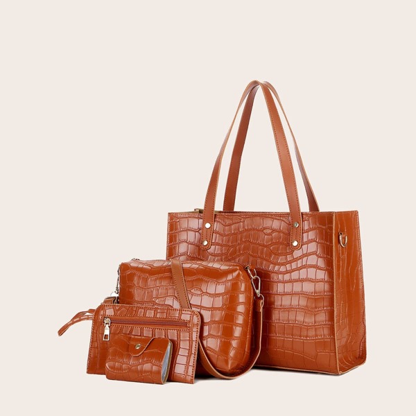 

4pcs Croc Embossed Tote Bag Set, Brown