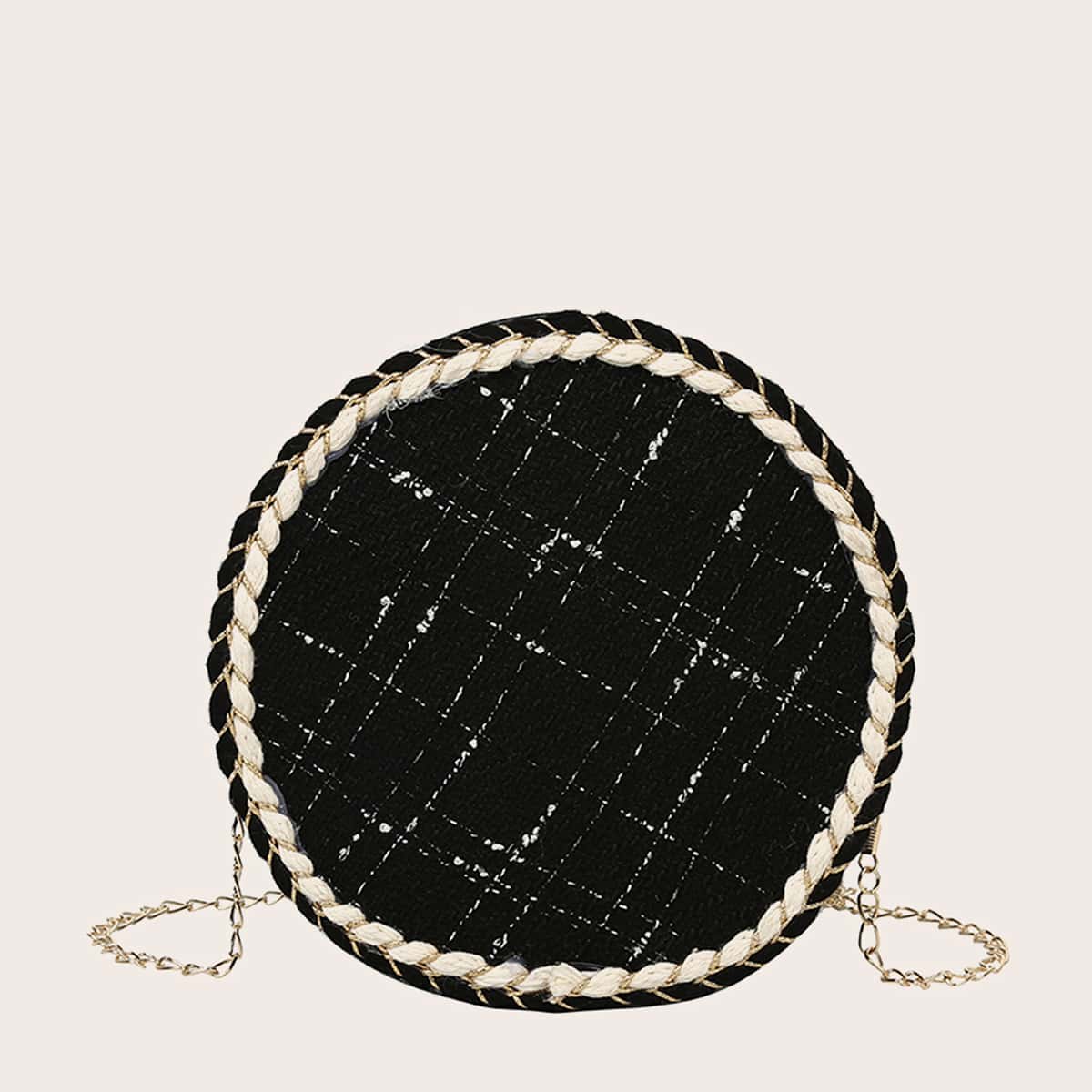 

Round Shaped Plaid Crossbody Bag, Black