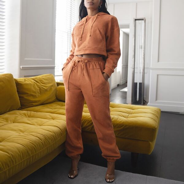 

Drop Shoulder Hoodie & Drawstring Waist Sweatpants Set, Ginger