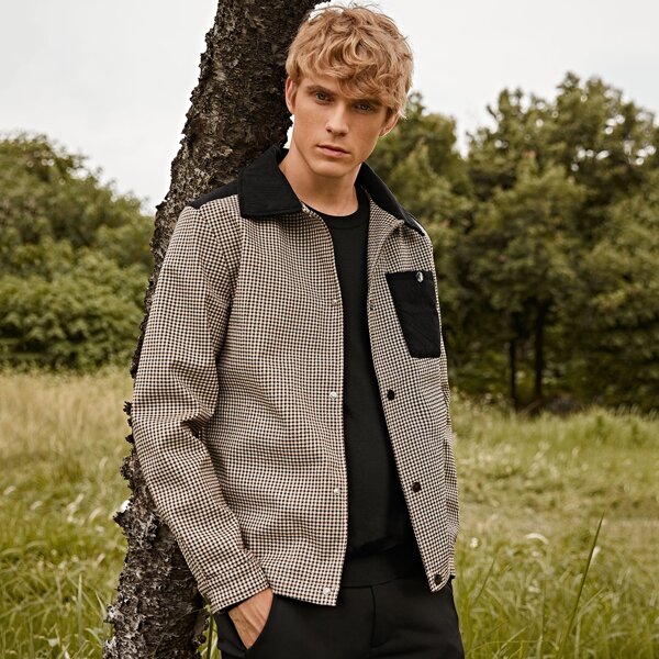 

Men Houndstooth Contrast Collar Jacket, Multicolor