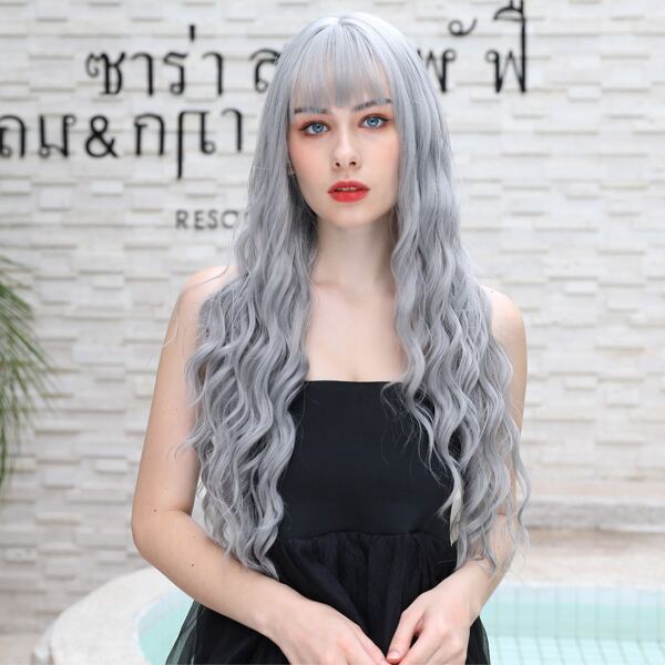 

Natural Long Curly Wig With Bangs, Light grey