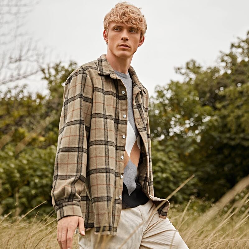 

Guys Plaid Pocket Patched High Low Coat, Khaki