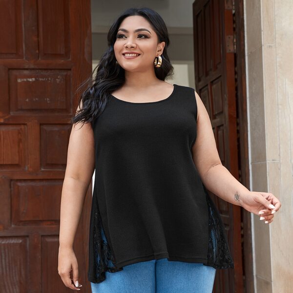 

Plus Contrast Lace Tank Top, Black