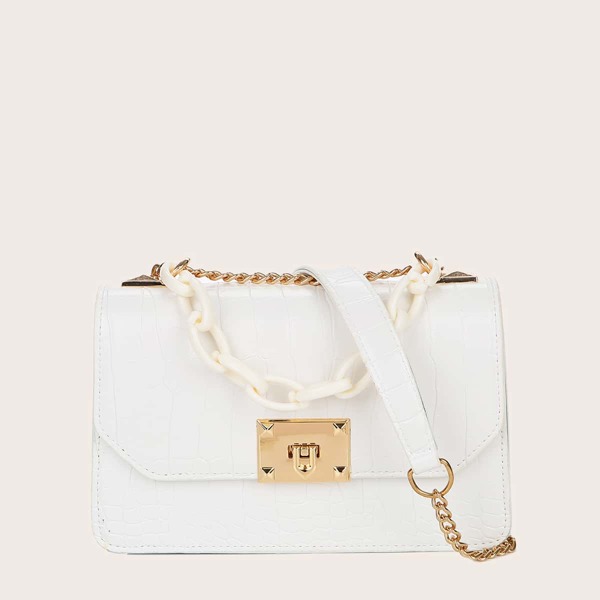 

Croc Embossed Chain Satchel Bag, White