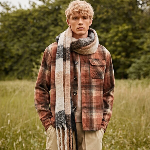

Men Plaid Flap Pocket Button Front Overcoat, Multicolor