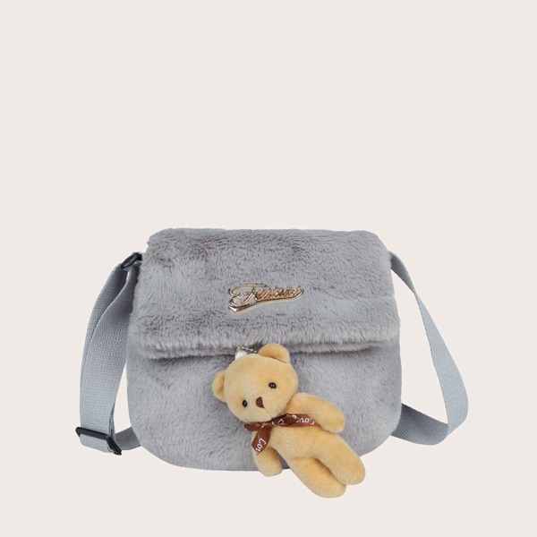 

Metal Letter Decor Fluffy Crossbody Bag, Grey