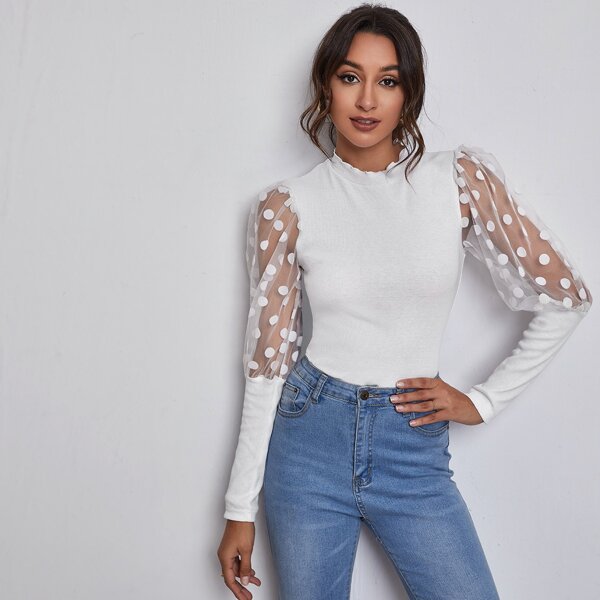 

Mock Neck Polka Dot Mesh Insert Sleeve Top, White