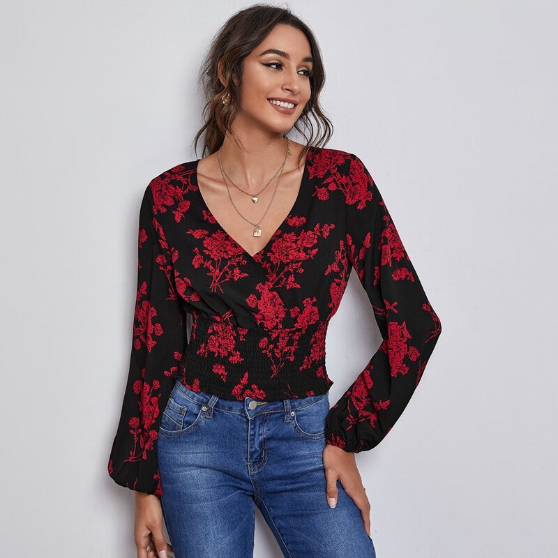

Surplice Neck Shirred Floral Top, Multicolor