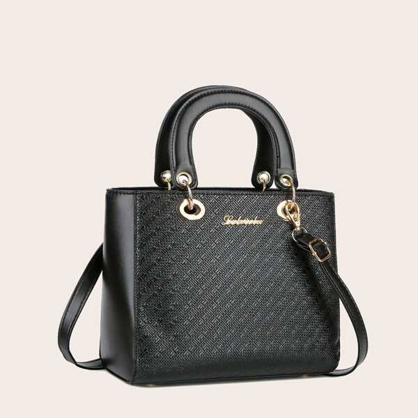

Metal Letter Decor Textured Satchel Bag, Black