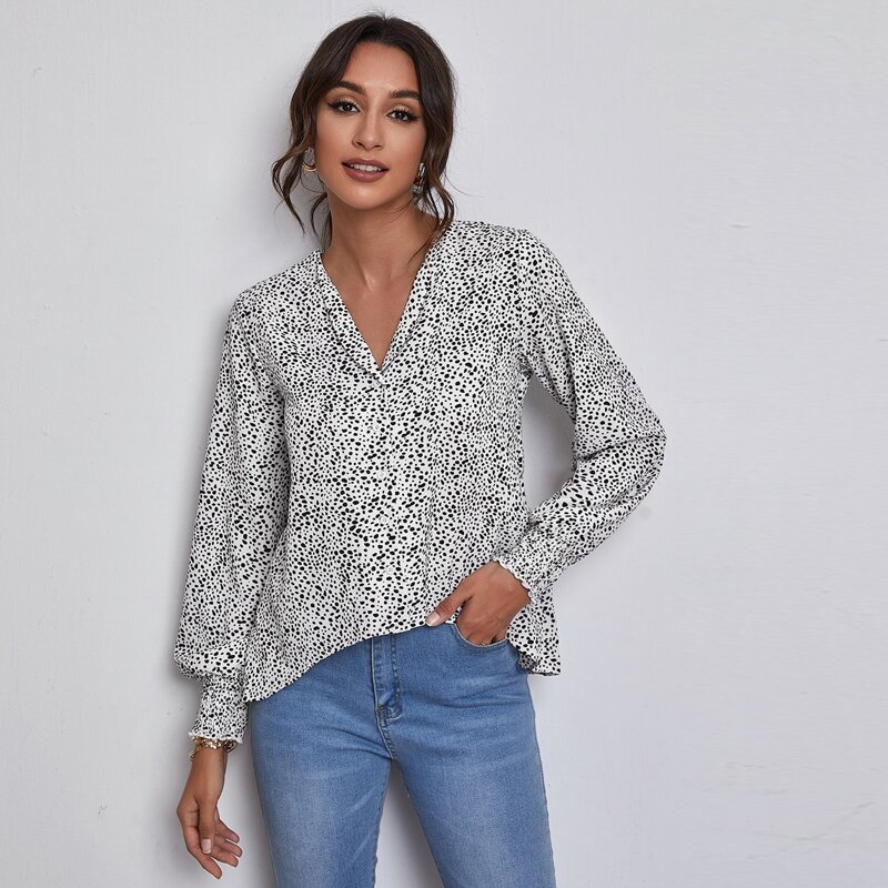 

Bishop Sleeve Allover Print Blouse, Black and white