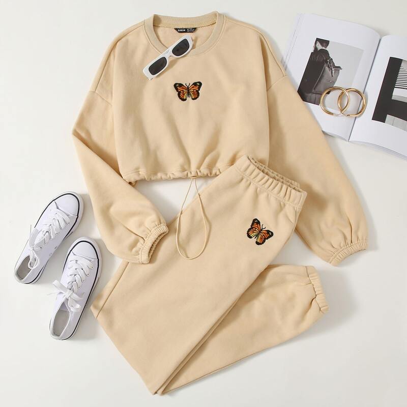 

Butterfly Embroidery Drawstring Hem Pullover & Sweatpants Set, Beige