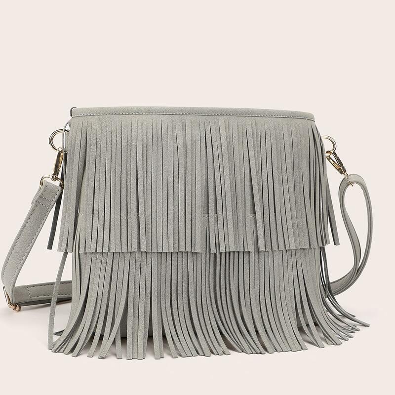 

Fringe Decor Crossbody Bag, Light grey