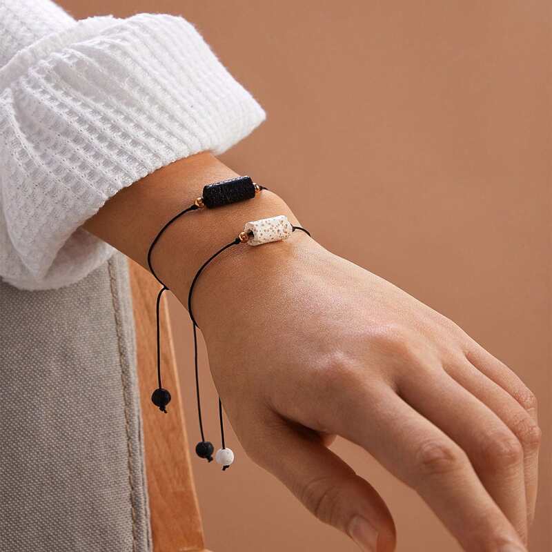 

2pcs Cylinder Rope Bracelet, Black and white
