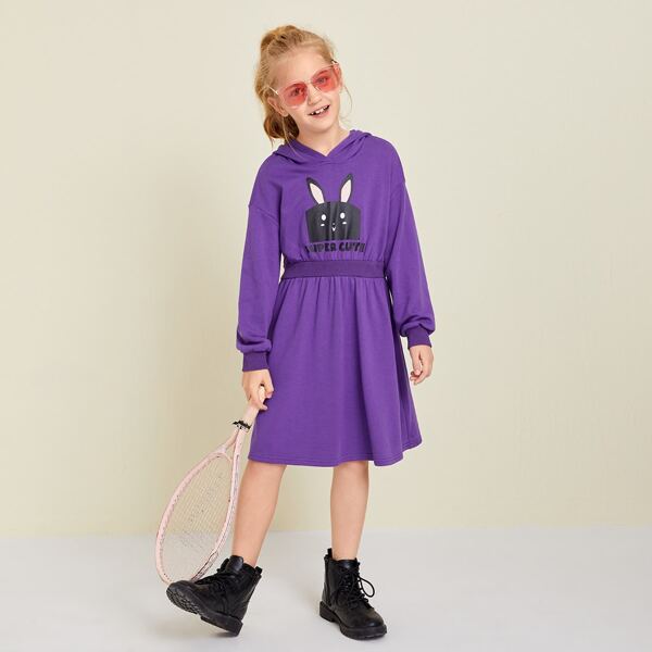 

Girls Letter & Cartoon Print Sweatshirt Dress, Violet purple