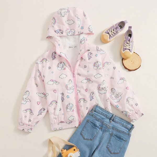 

Girls Unicorn Print Hooded Plush Lined Wind Jacket, Baby pink