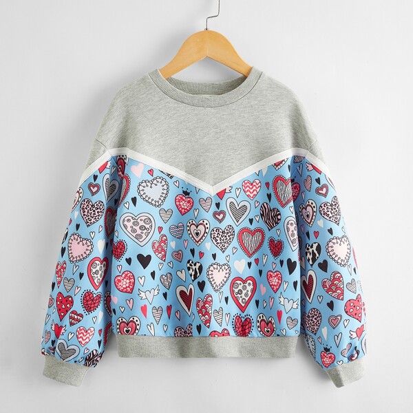 

Girls Heart Print Heather Gray Panel Pullover, Multicolor