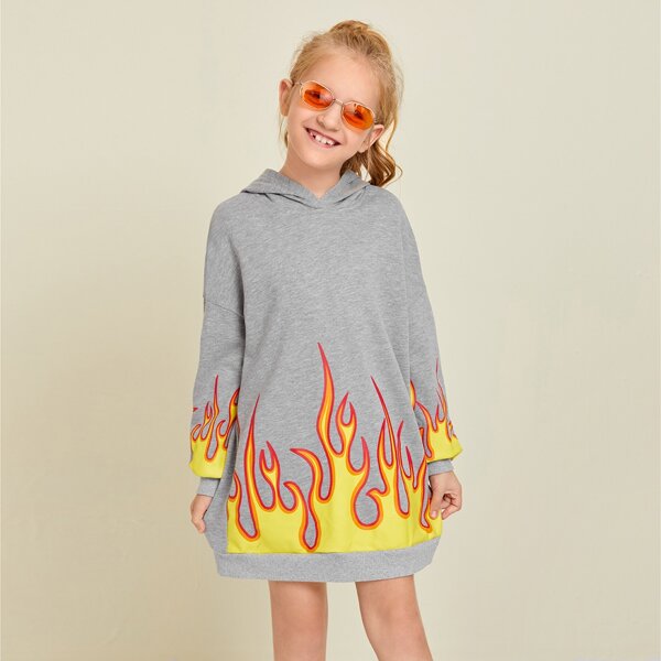 

Girls Drop Shoulder Fire Print Hooded Sweatshirt Dress, Grey