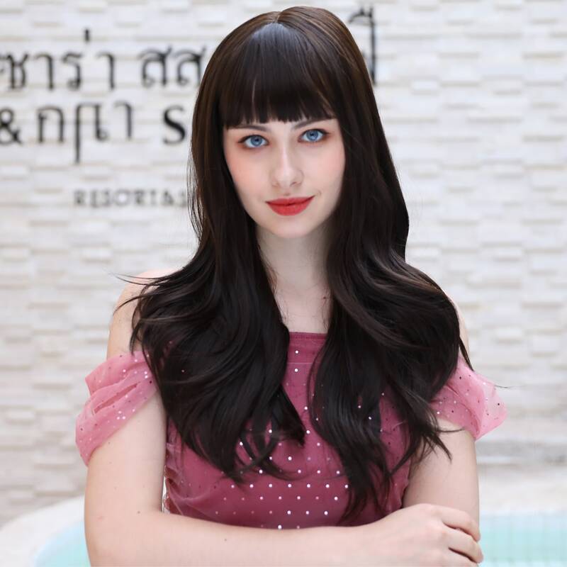 

Natural Long Curly Wig With Bangs, Black