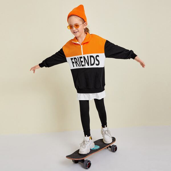 

Girls Letter Graphic Sweatshirt & Tape Striped Leggings Set, Black