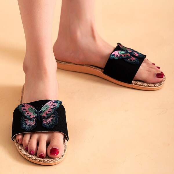 

Open Toe Butterfly Appliques Slippers, Black