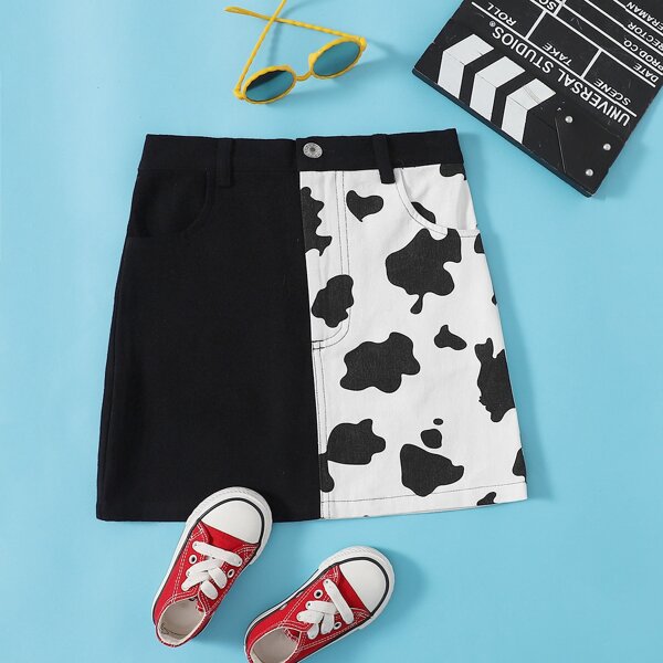 

Girls Cow Print Skirt, Black and white