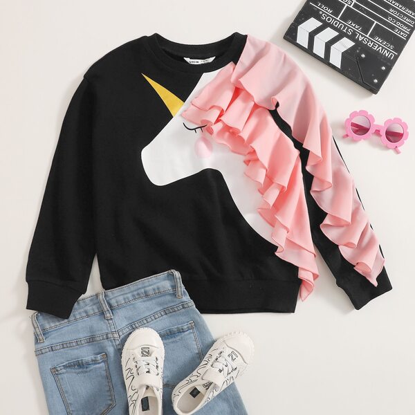 

Girls Unicorn Print Layered Ruffle Trim Pullover, Black