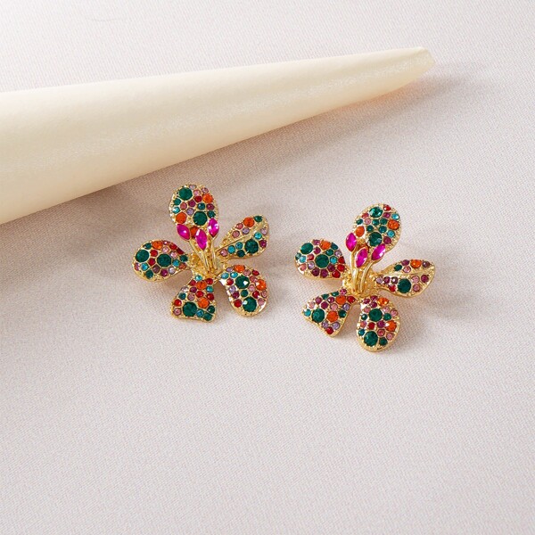 

Rhinestone Decor Flower Design Stud Earrings, Multicolor