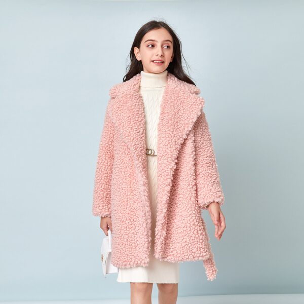 

Girls Notched Collar Self Belted Teddy Coat, Dusty pink