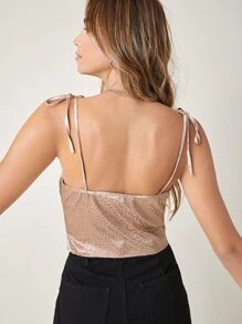 SHEIN BAE 繫帶肩前垂褶斑點提花緞面吊帶上衣 - 杏色 - 查看 2