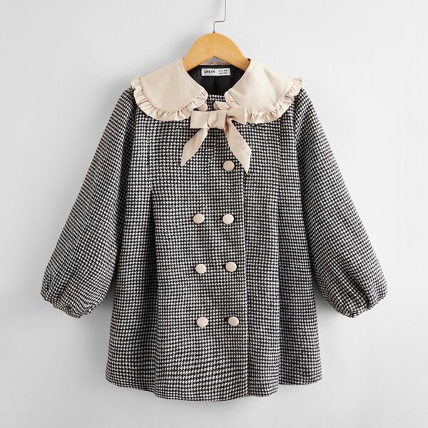 

Girls Contrast Frill Trim Sailor Collar Tie Front Houndstooth Pea Coat, Black and white