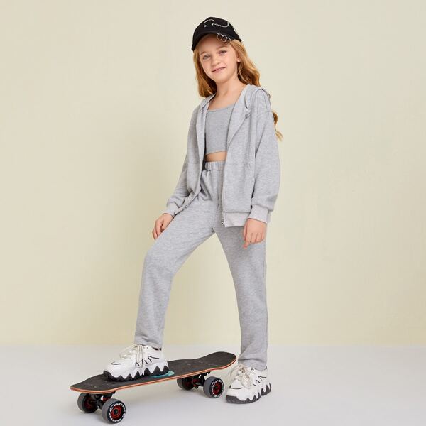 

Girls Heather Gray Cami Top and Joggers Set With Zip Up Hoodie, Light grey