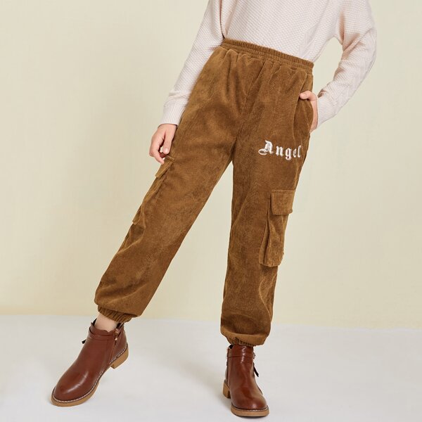 

Girls Letter Embroidered Flap Pocket Cord Cargo Pants, Brown
