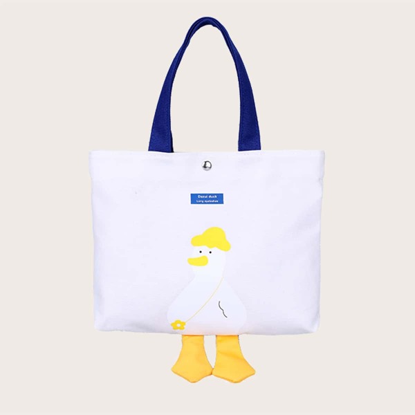 

Girls Cartoon Decor Tote Bag, White